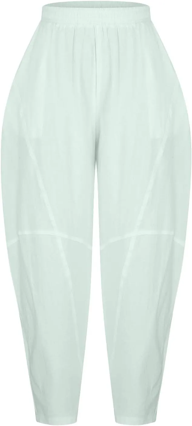 Womens Casual Cotton Linen Baggy Pants Elastic Waist Harem Trousers with Pockets Solid Casual Lightweight Pants