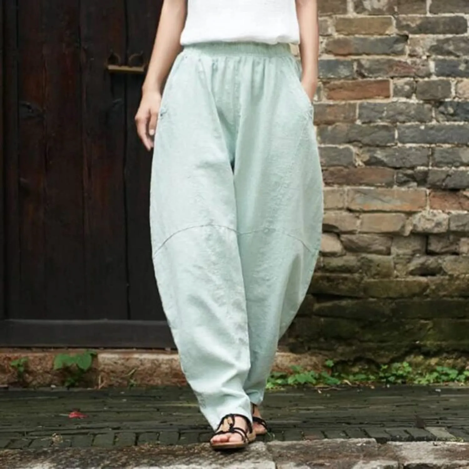Womens Casual Cotton Linen Baggy Pants Elastic Waist Harem Trousers with Pockets Solid Casual Lightweight Pants