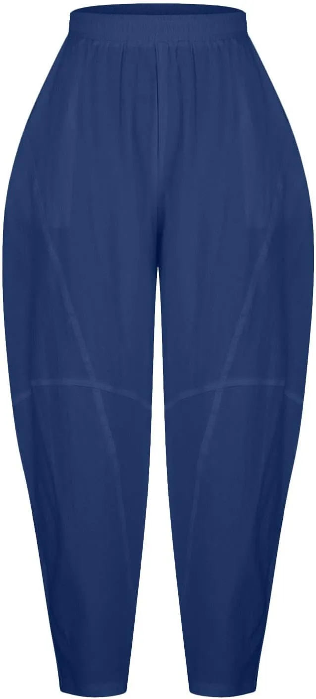 Womens Casual Cotton Linen Baggy Pants Elastic Waist Harem Trousers with Pockets Solid Casual Lightweight Pants