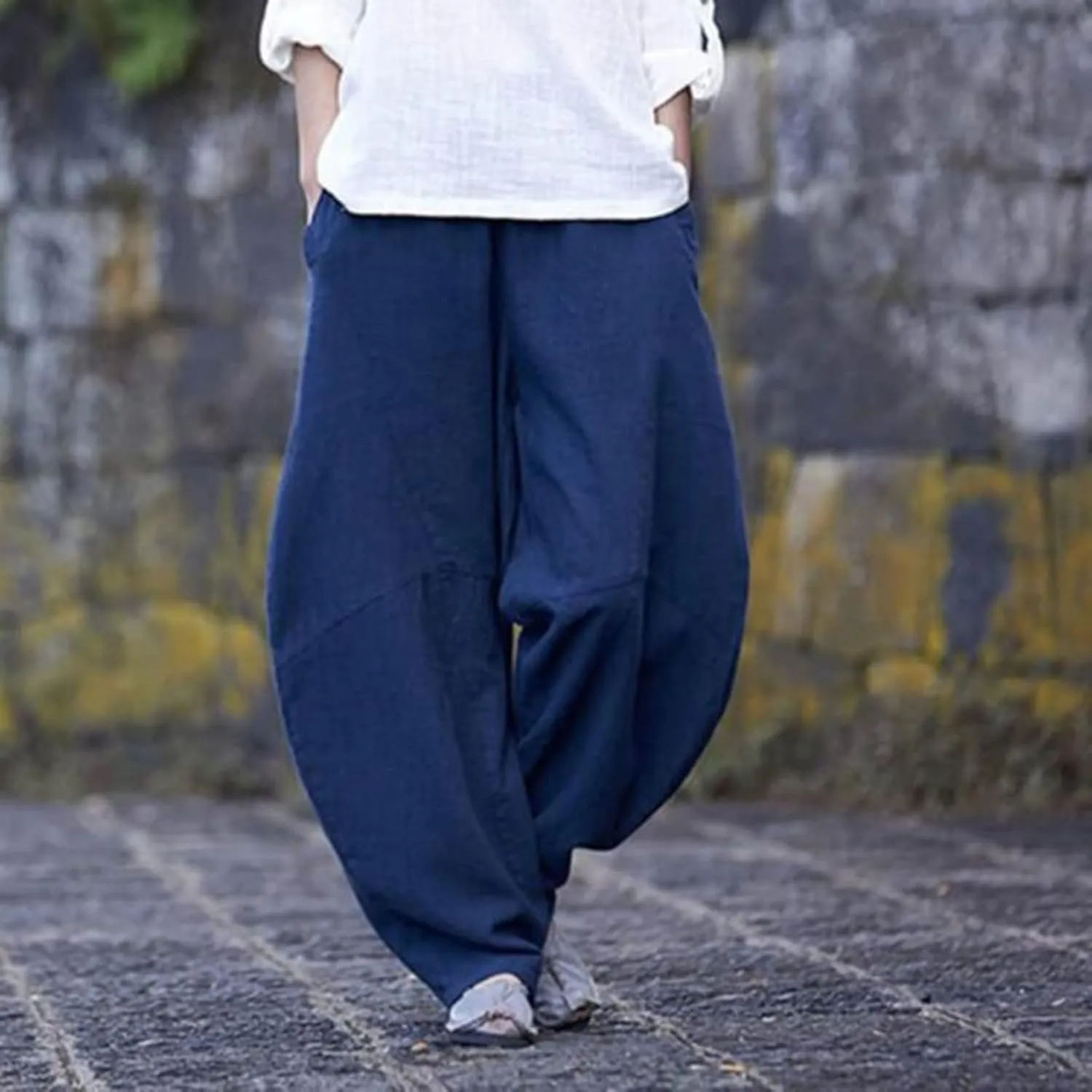 Womens Casual Cotton Linen Baggy Pants Elastic Waist Harem Trousers with Pockets Solid Casual Lightweight Pants