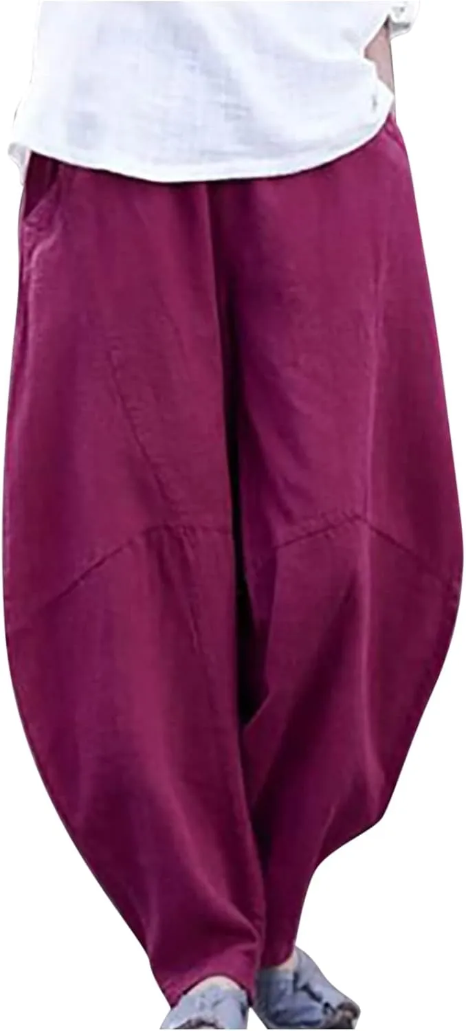 Womens Casual Cotton Linen Baggy Pants Elastic Waist Harem Trousers with Pockets Solid Casual Lightweight Pants