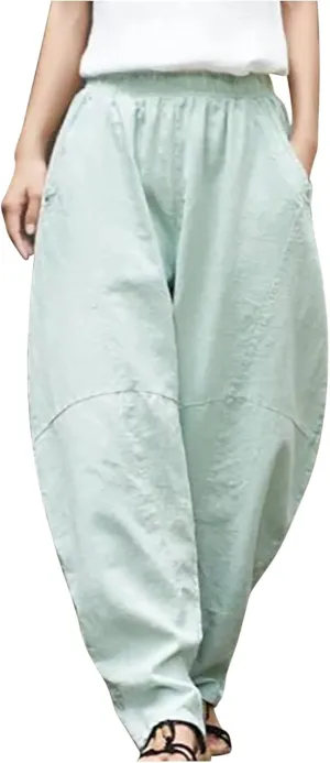 Womens Casual Cotton Linen Baggy Pants Elastic Waist Harem Trousers with Pockets Solid Casual Lightweight Pants