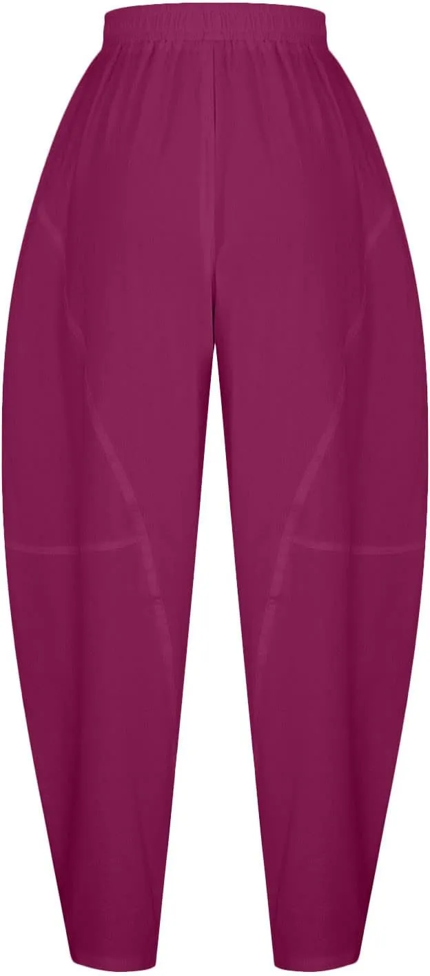Womens Casual Cotton Linen Baggy Pants Elastic Waist Harem Trousers with Pockets Solid Casual Lightweight Pants