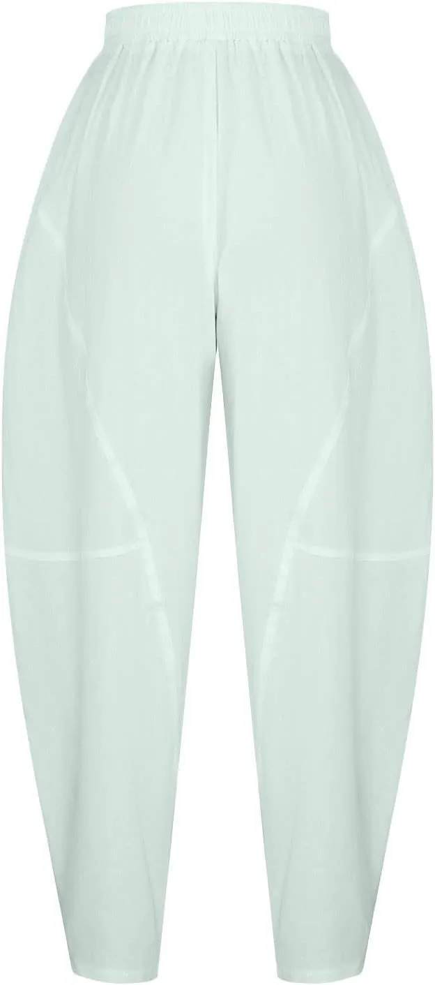 Womens Casual Cotton Linen Baggy Pants Elastic Waist Harem Trousers with Pockets Solid Casual Lightweight Pants
