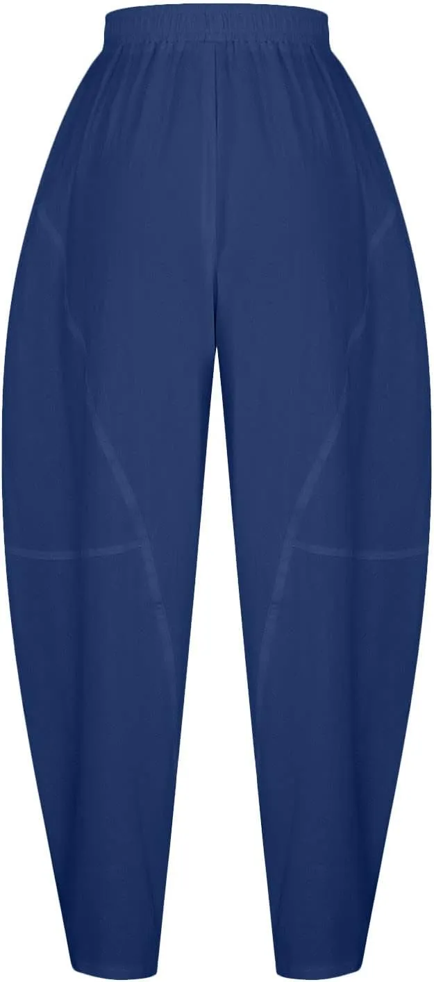 Womens Casual Cotton Linen Baggy Pants Elastic Waist Harem Trousers with Pockets Solid Casual Lightweight Pants