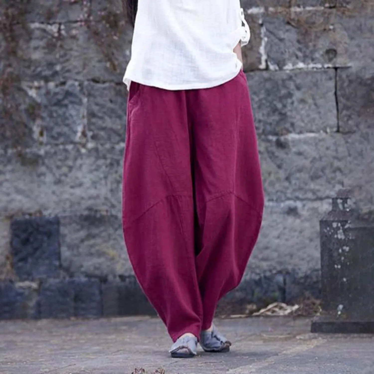 Womens Casual Cotton Linen Baggy Pants Elastic Waist Harem Trousers with Pockets Solid Casual Lightweight Pants