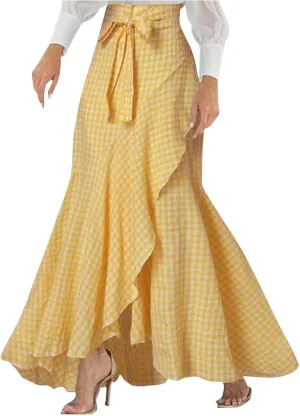 Women's Casual Plaid Mermaid Maxi Skirt A Line Irregular Ruffle Hem Fishtail Skirt Tie High Waist Long Skirt