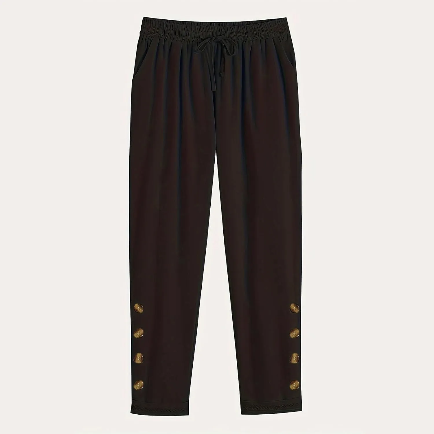 Womens Causal Loose Linen Pants Drawstring Elastic Waist Tapered Pants Button Solid Casual Trousers with Pockets