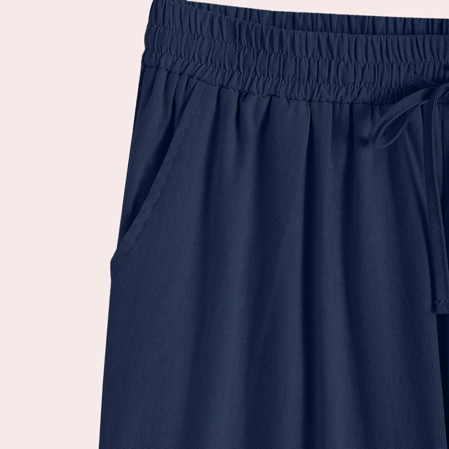 Womens Causal Loose Linen Pants Drawstring Elastic Waist Tapered Pants Button Solid Casual Trousers with Pockets