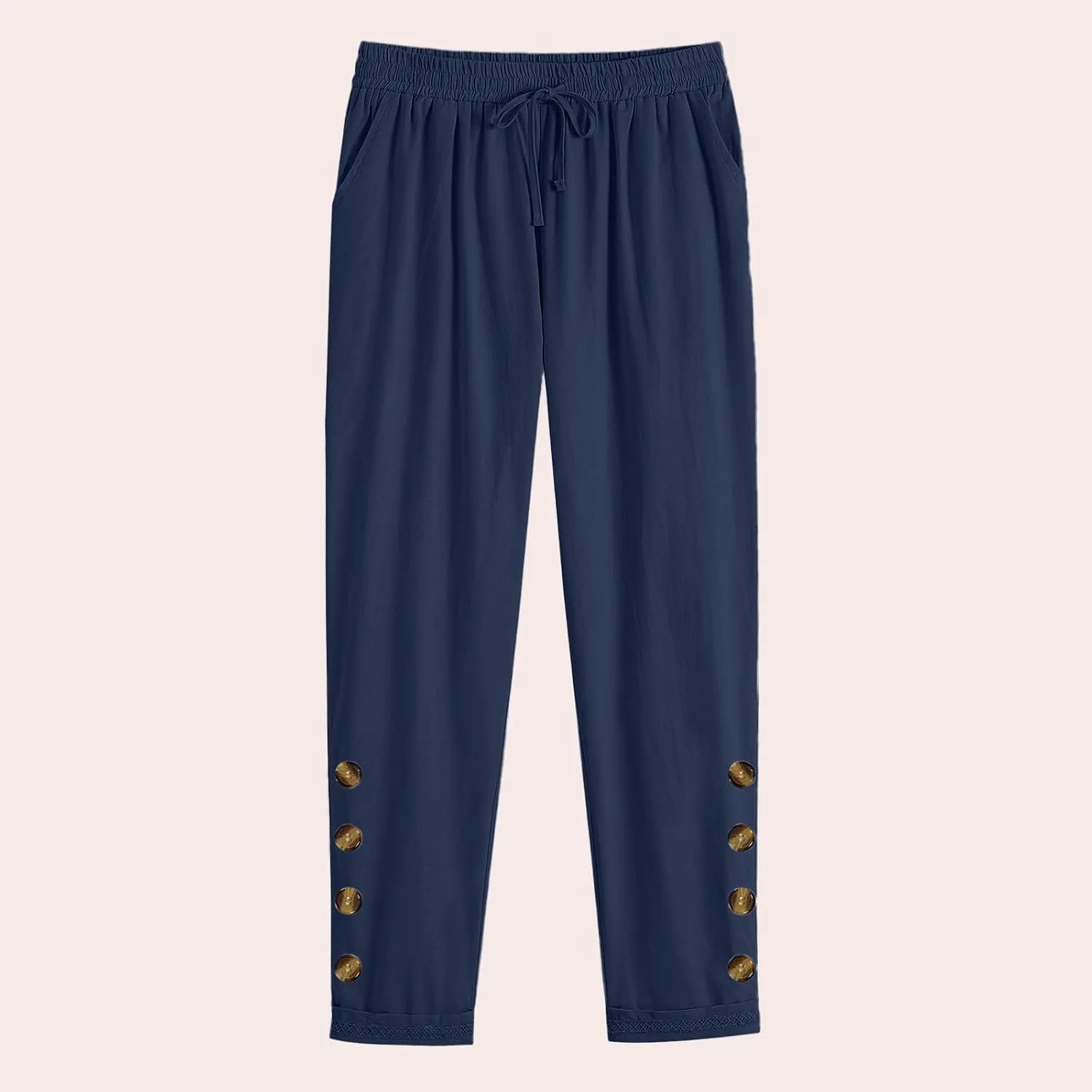 Womens Causal Loose Linen Pants Drawstring Elastic Waist Tapered Pants Button Solid Casual Trousers with Pockets