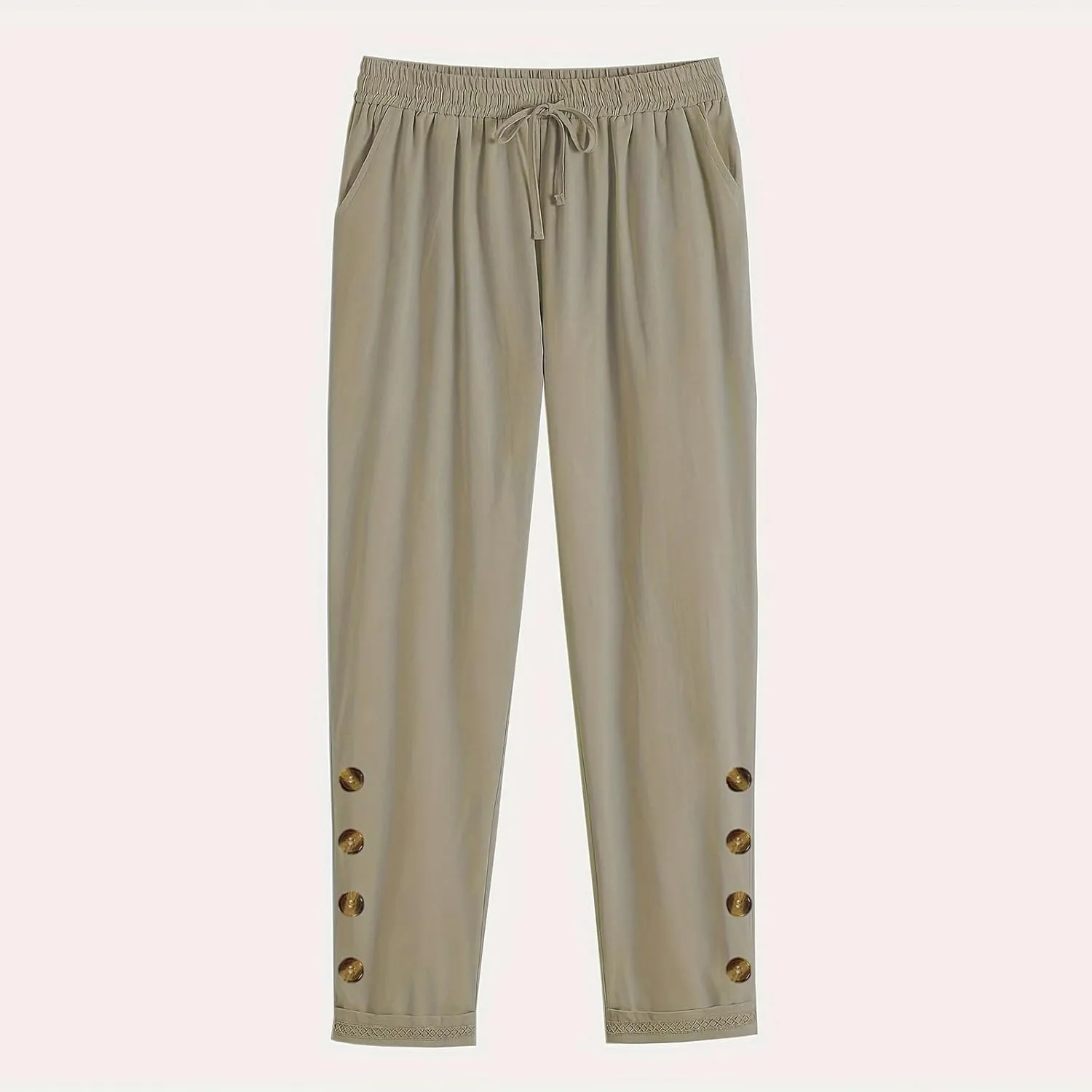 Womens Causal Loose Linen Pants Drawstring Elastic Waist Tapered Pants Button Solid Casual Trousers with Pockets