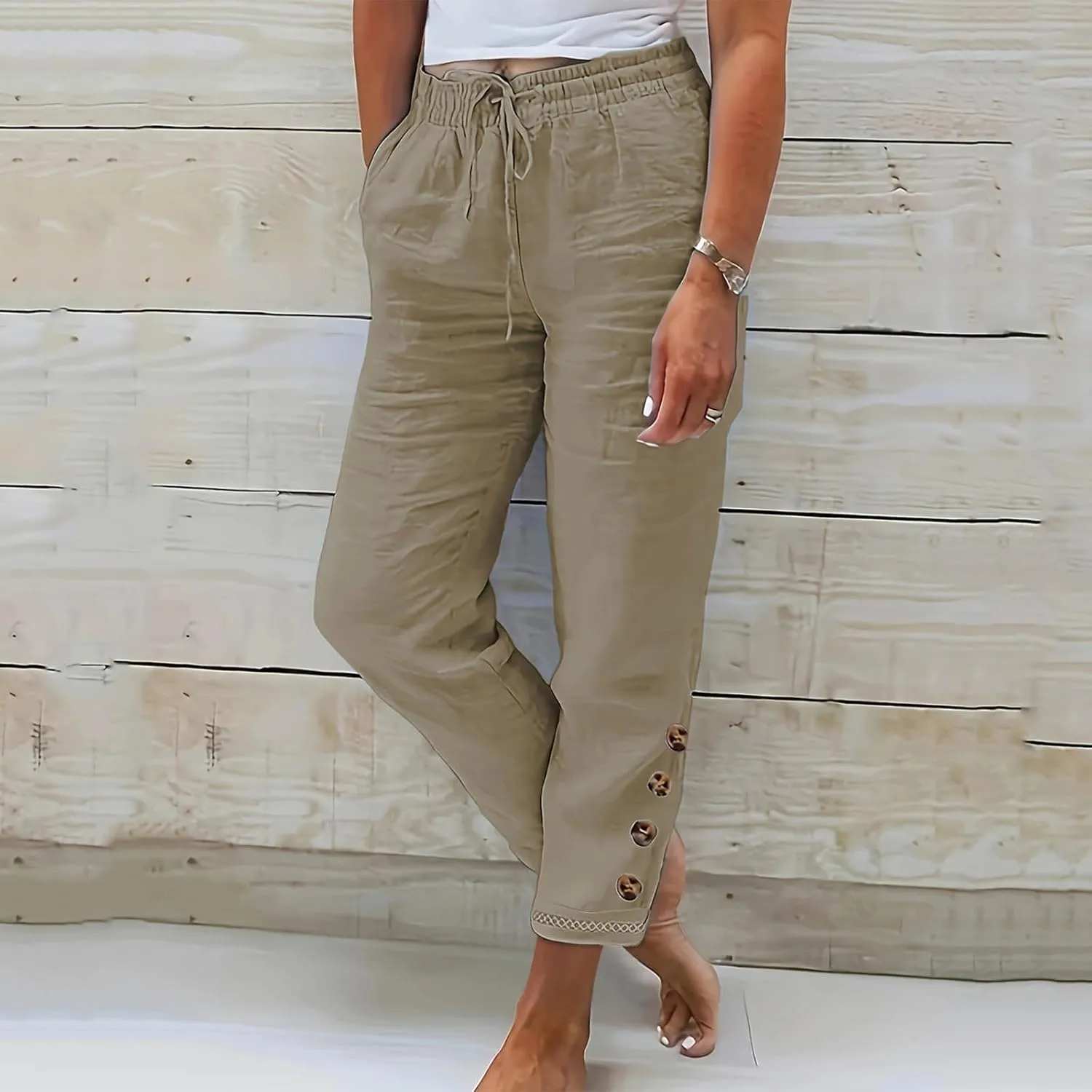 Womens Causal Loose Linen Pants Drawstring Elastic Waist Tapered Pants Button Solid Casual Trousers with Pockets