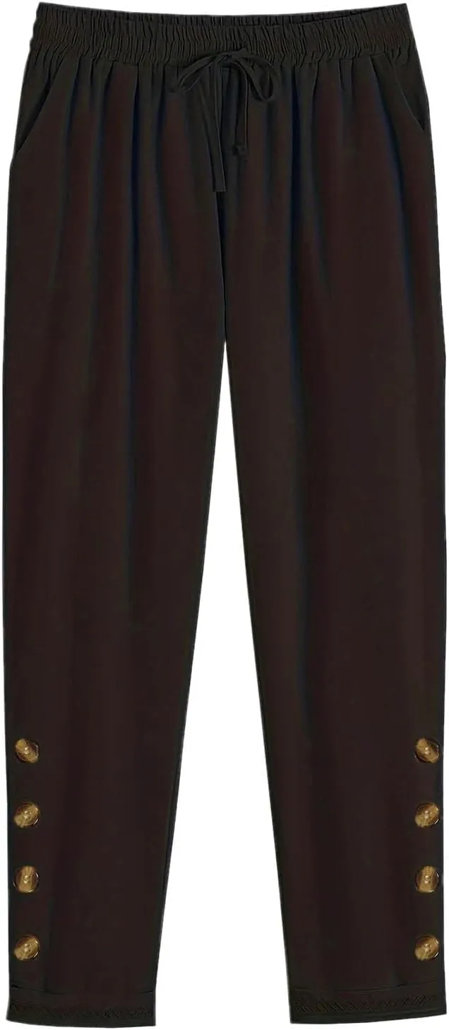 Womens Causal Loose Linen Pants Drawstring Elastic Waist Tapered Pants Button Solid Casual Trousers with Pockets