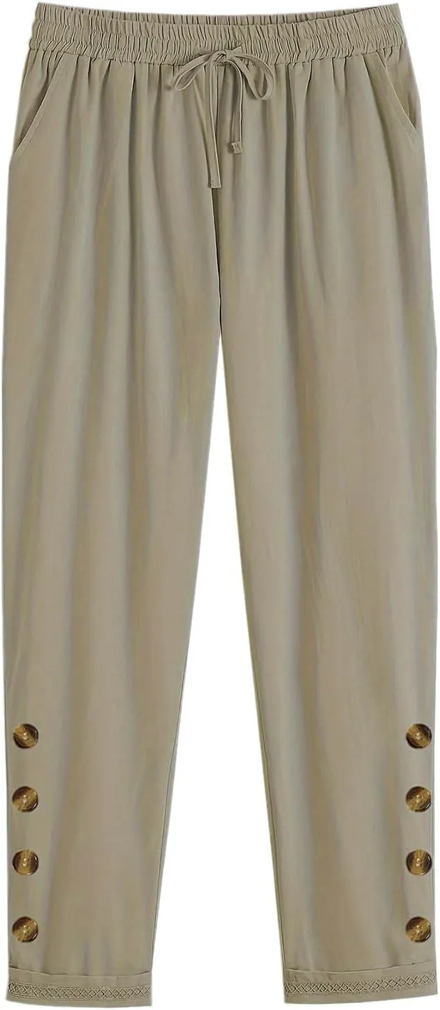Womens Causal Loose Linen Pants Drawstring Elastic Waist Tapered Pants Button Solid Casual Trousers with Pockets