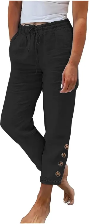 Womens Causal Loose Linen Pants Drawstring Elastic Waist Tapered Pants Button Solid Casual Trousers with Pockets