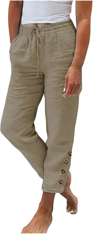 Womens Causal Loose Linen Pants Drawstring Elastic Waist Tapered Pants Button Solid Casual Trousers with Pockets