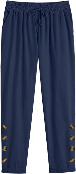 Womens Causal Loose Linen Pants Drawstring Elastic Waist Tapered Pants Button Solid Casual Trousers with Pockets