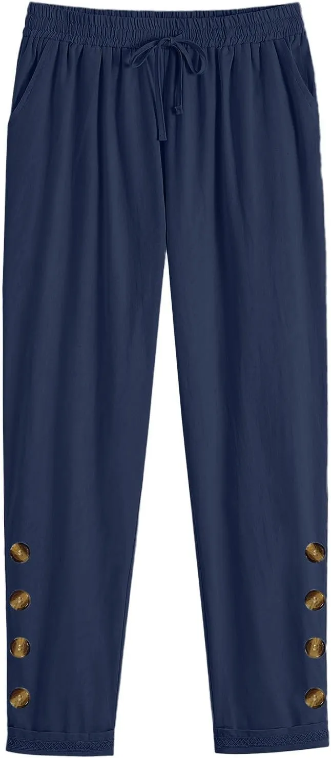 Womens Causal Loose Linen Pants Drawstring Elastic Waist Tapered Pants Button Solid Casual Trousers with Pockets