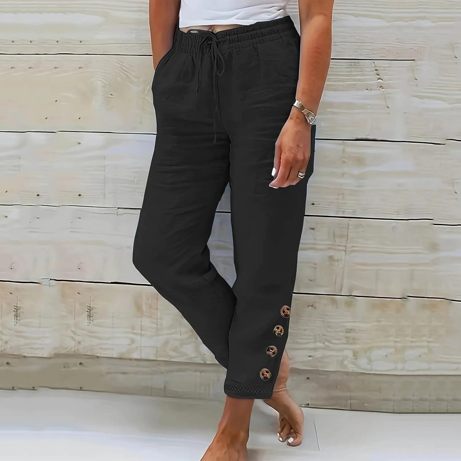 Womens Causal Loose Linen Pants Drawstring Elastic Waist Tapered Pants Button Solid Casual Trousers with Pockets