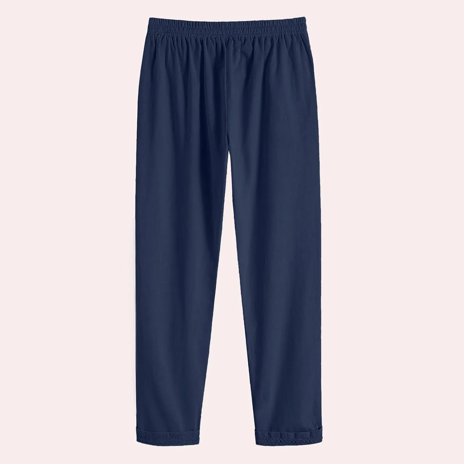 Womens Causal Loose Linen Pants Drawstring Elastic Waist Tapered Pants Button Solid Casual Trousers with Pockets