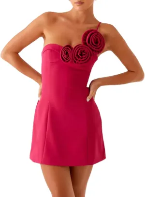Women's Elegant 3D Floral Mini Dress Sexy One Off The Shoulder Bodycon Party Cocktail Short Dresses