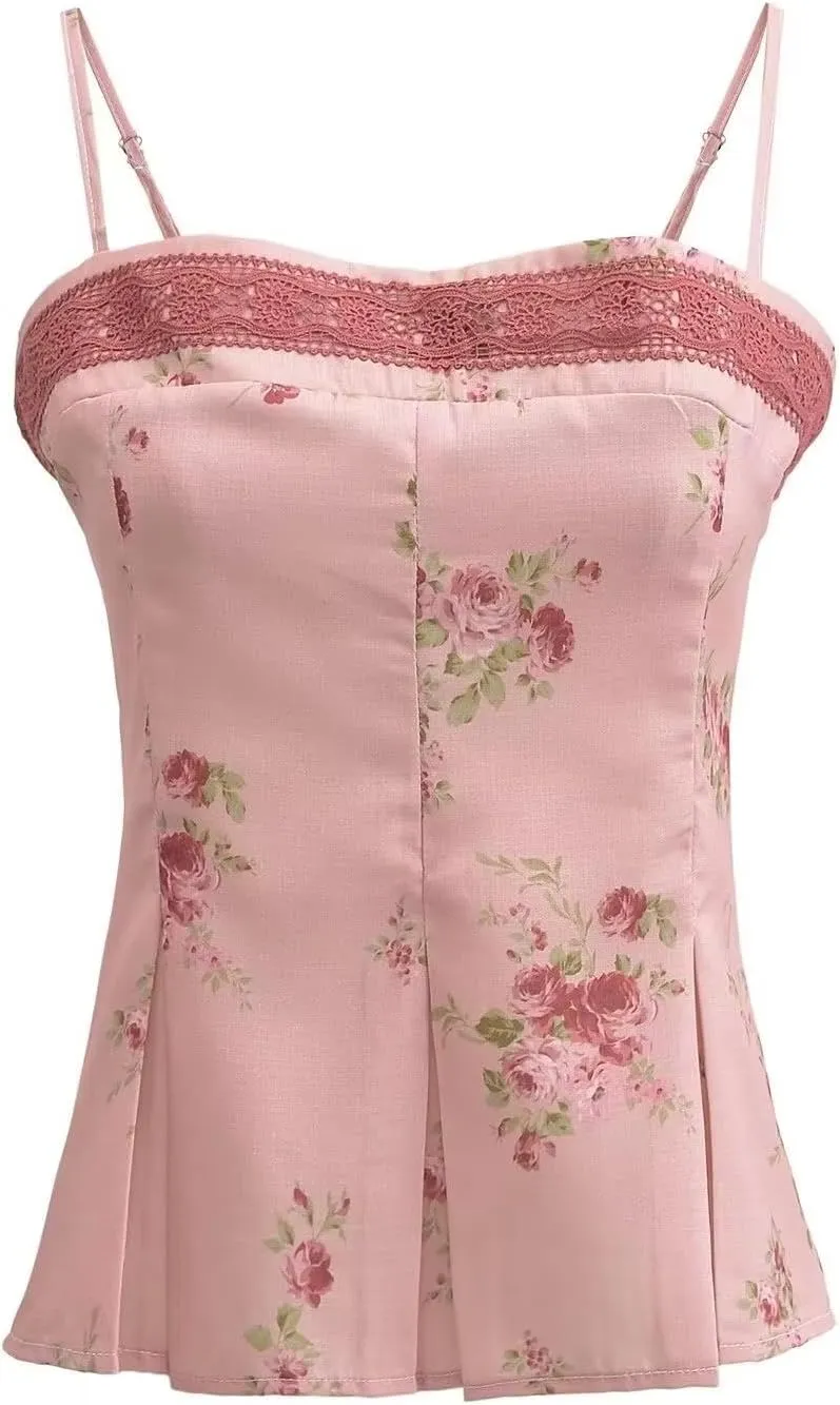 Women's Floral Camisole Tops with Ruffled Bottom and Lace Splicing Slim Fit Blended Polyester