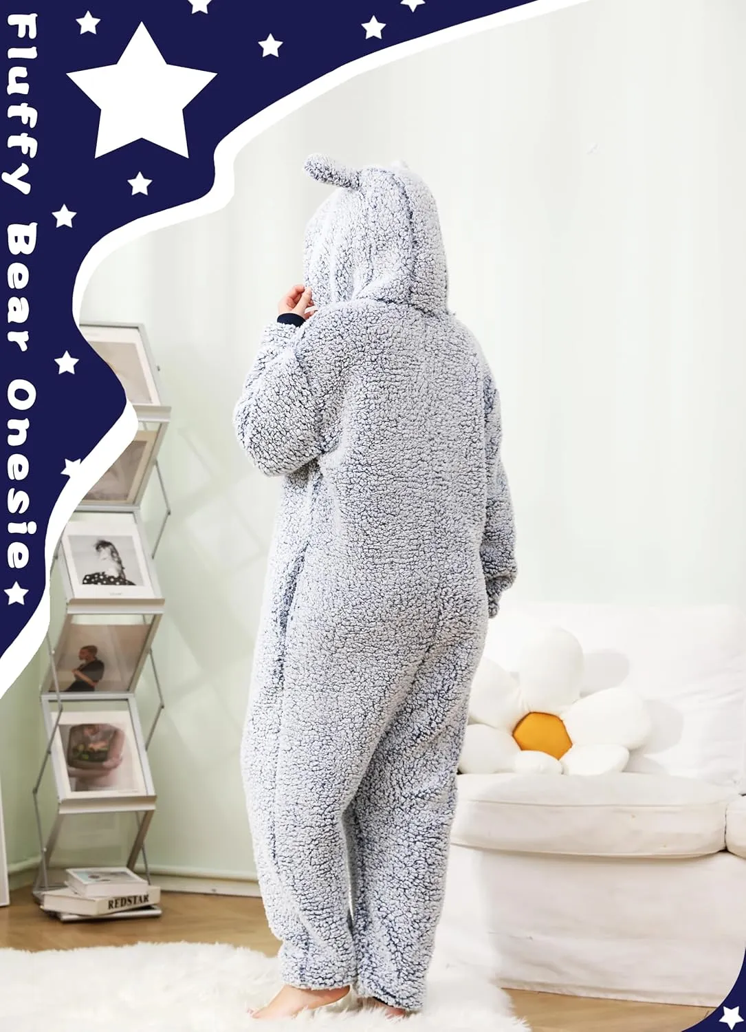 Womens Fluffy Bear Onesie Pajamas,Shu Velveteen Warm Cozy Christmas Pjs Sleepwear Romper Jumpsuit Zipper with Pocket