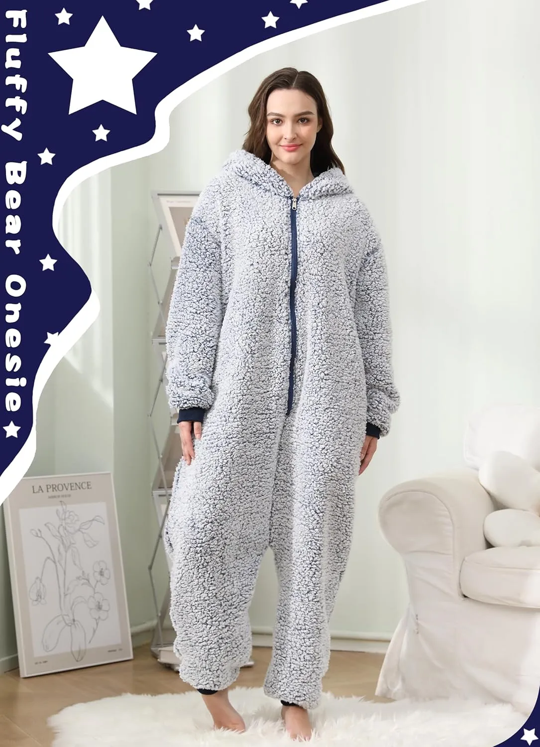 Womens Fluffy Bear Onesie Pajamas,Shu Velveteen Warm Cozy Christmas Pjs Sleepwear Romper Jumpsuit Zipper with Pocket