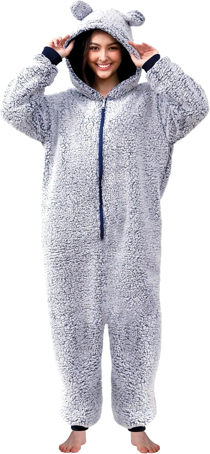 Womens Fluffy Bear Onesie Pajamas,Shu Velveteen Warm Cozy Christmas Pjs Sleepwear Romper Jumpsuit Zipper with Pocket