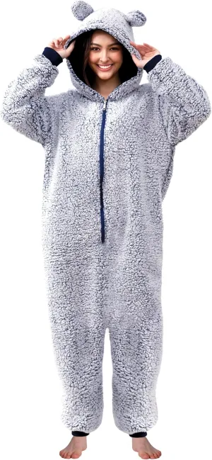 Womens Fluffy Bear Onesie Pajamas,Shu Velveteen Warm Cozy Christmas Pjs Sleepwear Romper Jumpsuit Zipper with Pocket