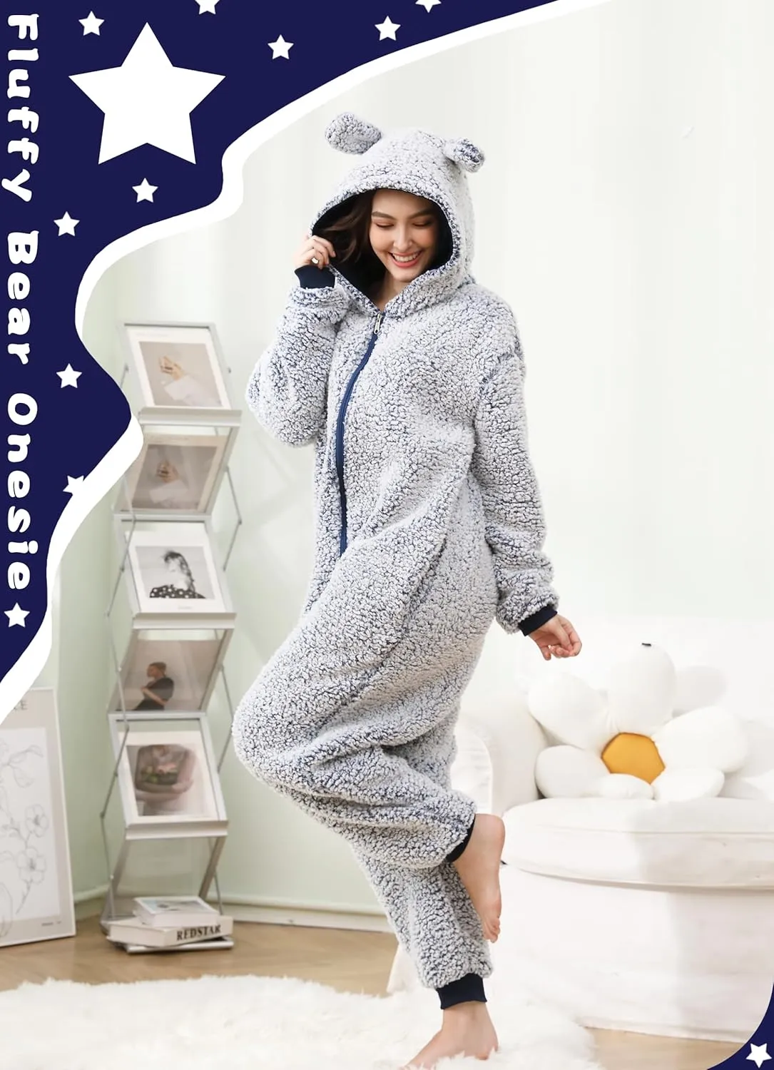 Womens Fluffy Bear Onesie Pajamas,Shu Velveteen Warm Cozy Christmas Pjs Sleepwear Romper Jumpsuit Zipper with Pocket