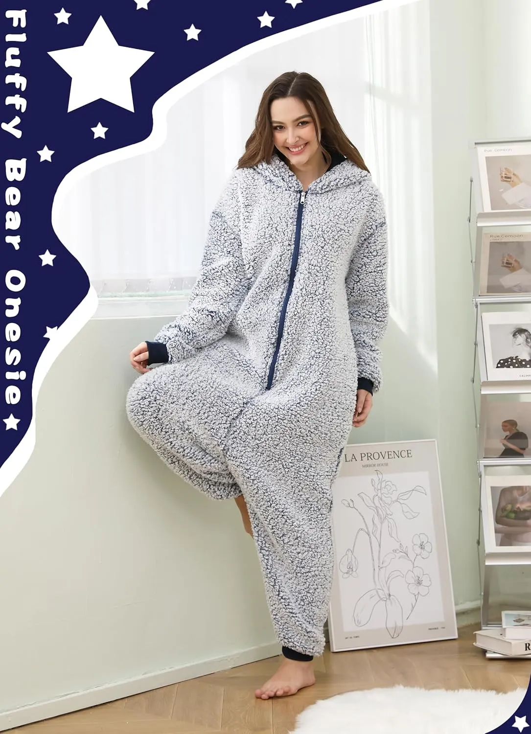 Womens Fluffy Bear Onesie Pajamas,Shu Velveteen Warm Cozy Christmas Pjs Sleepwear Romper Jumpsuit Zipper with Pocket