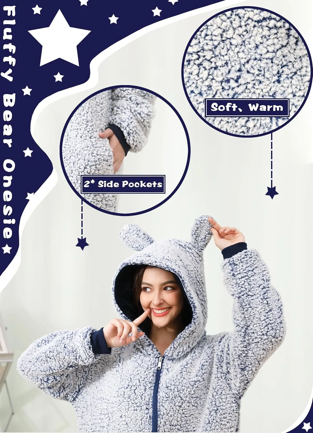 Womens Fluffy Bear Onesie Pajamas,Shu Velveteen Warm Cozy Christmas Pjs Sleepwear Romper Jumpsuit Zipper with Pocket