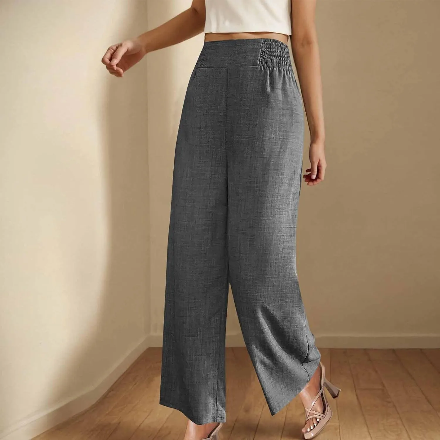 Womens Linen Pants Wide Leg Casual Baggy Trousers Pocketed Summer Palazzo Pants 2025 Beach Travel Vacation Outfits