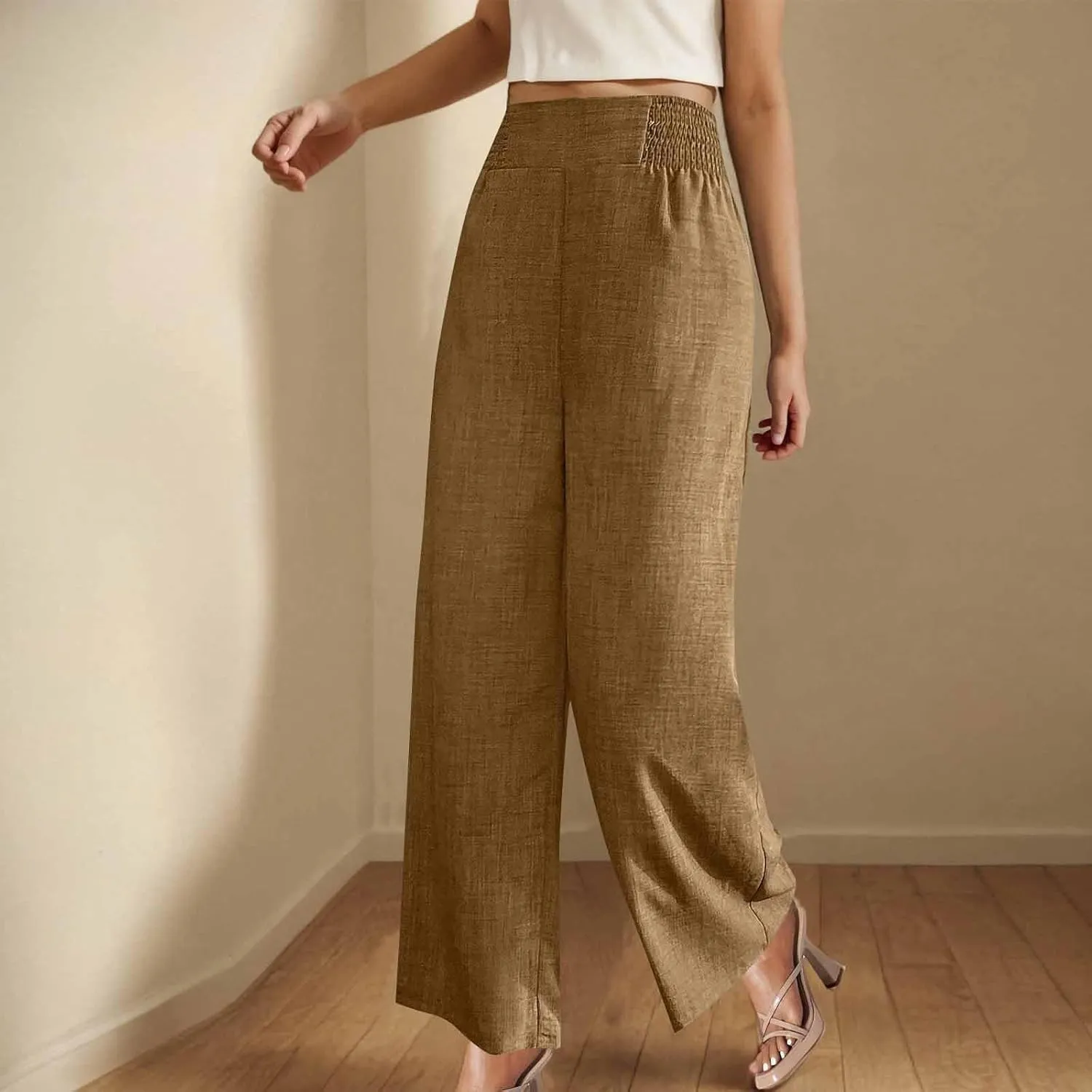 Womens Linen Pants Wide Leg Casual Baggy Trousers Pocketed Summer Palazzo Pants 2025 Beach Travel Vacation Outfits
