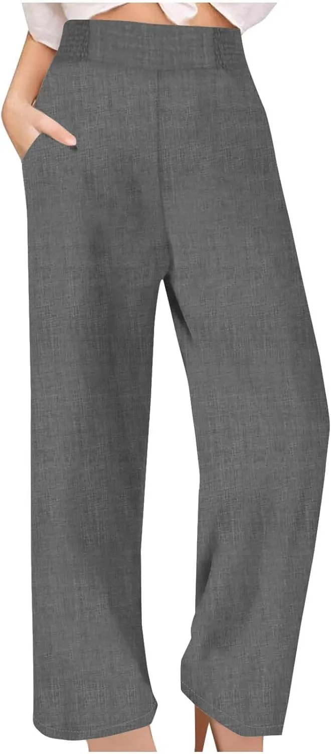 Womens Linen Pants Wide Leg Casual Baggy Trousers Pocketed Summer Palazzo Pants 2025 Beach Travel Vacation Outfits
