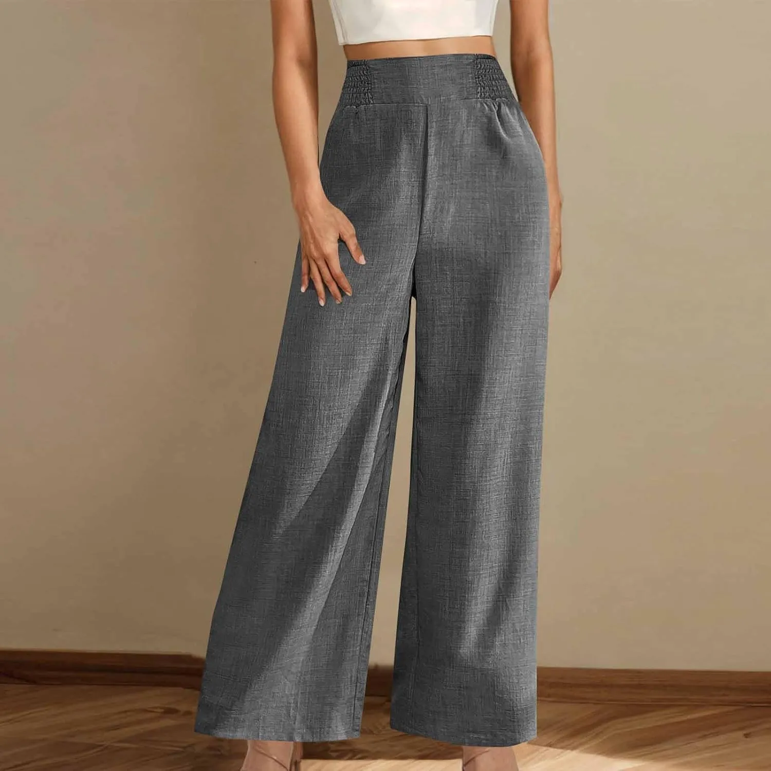 Womens Linen Pants Wide Leg Casual Baggy Trousers Pocketed Summer Palazzo Pants 2025 Beach Travel Vacation Outfits