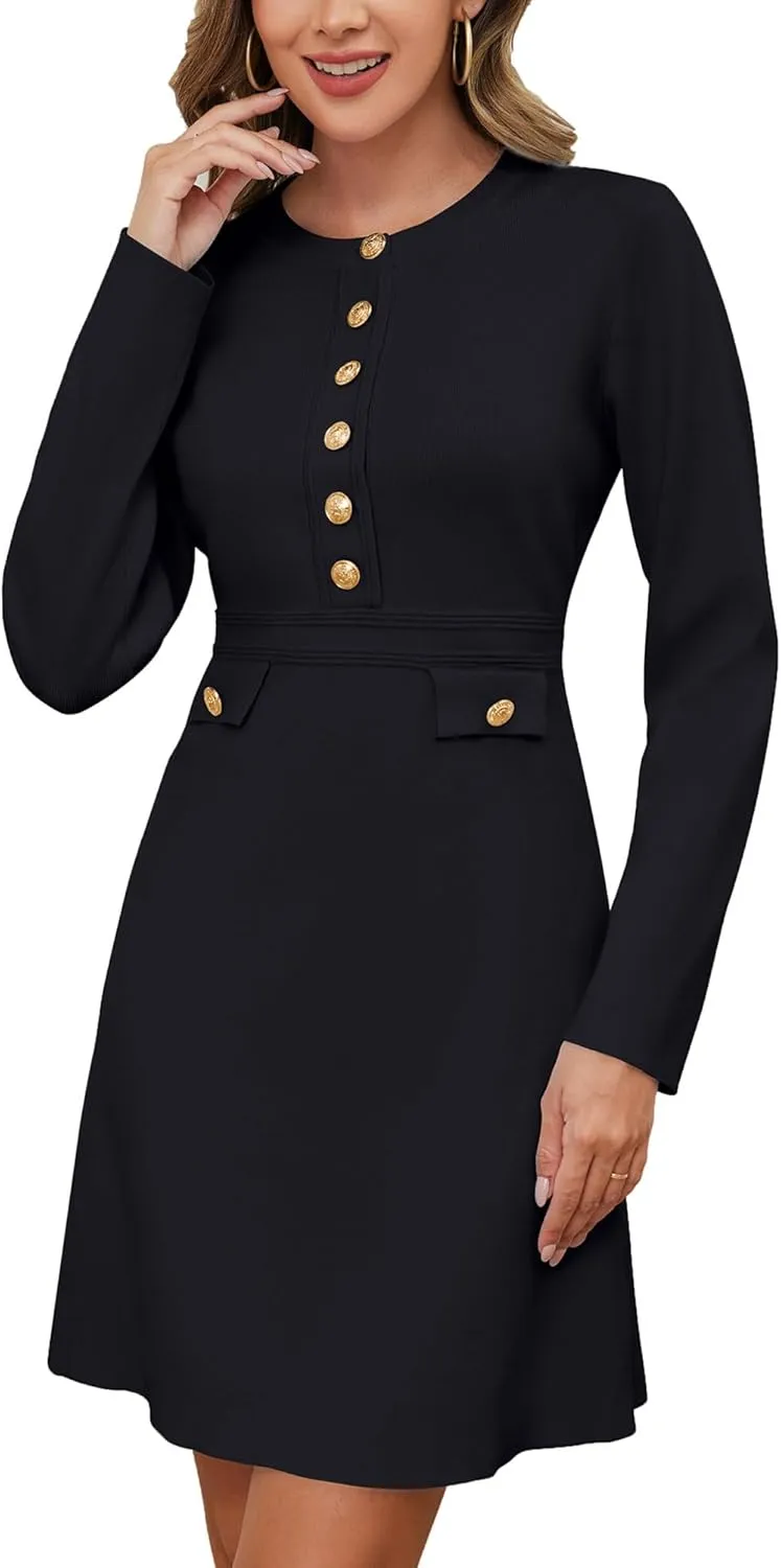 Women's Long Sleeve Sweater Dress Crewneck Button Elegant Bodycon Formal Party Mini Dress