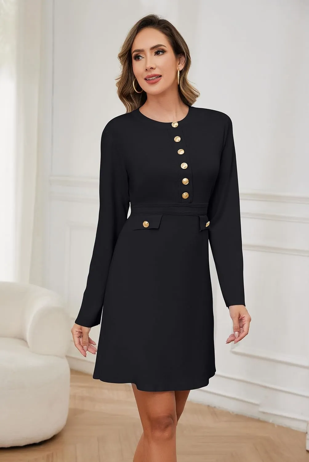 Women's Long Sleeve Sweater Dress Crewneck Button Elegant Bodycon Formal Party Mini Dress