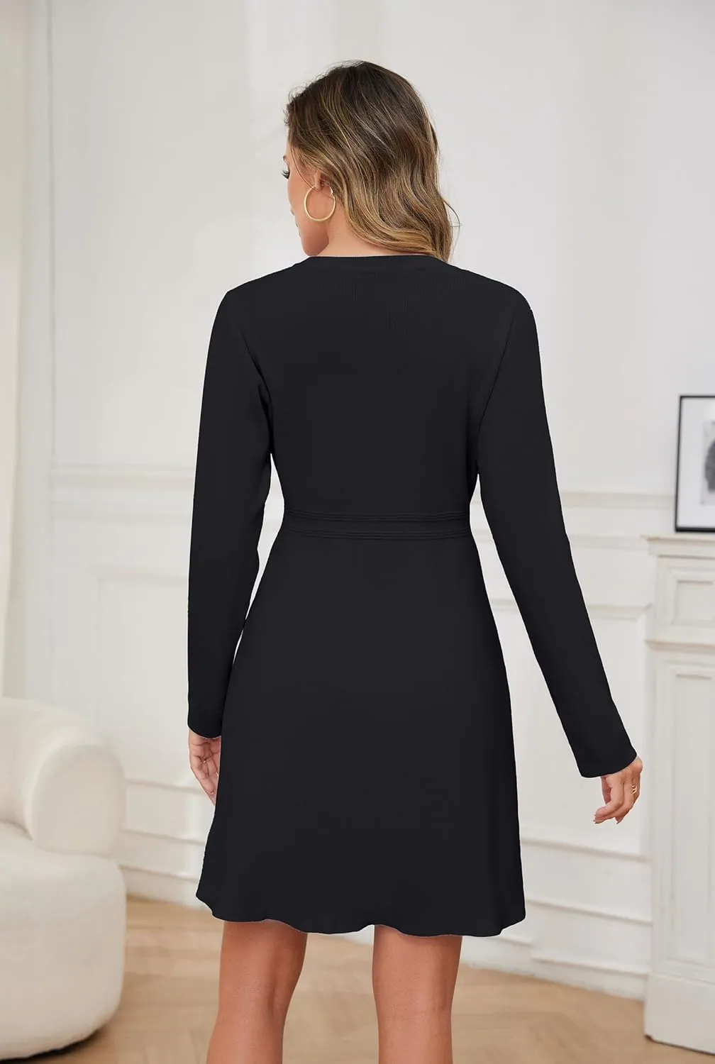 Women's Long Sleeve Sweater Dress Crewneck Button Elegant Bodycon Formal Party Mini Dress