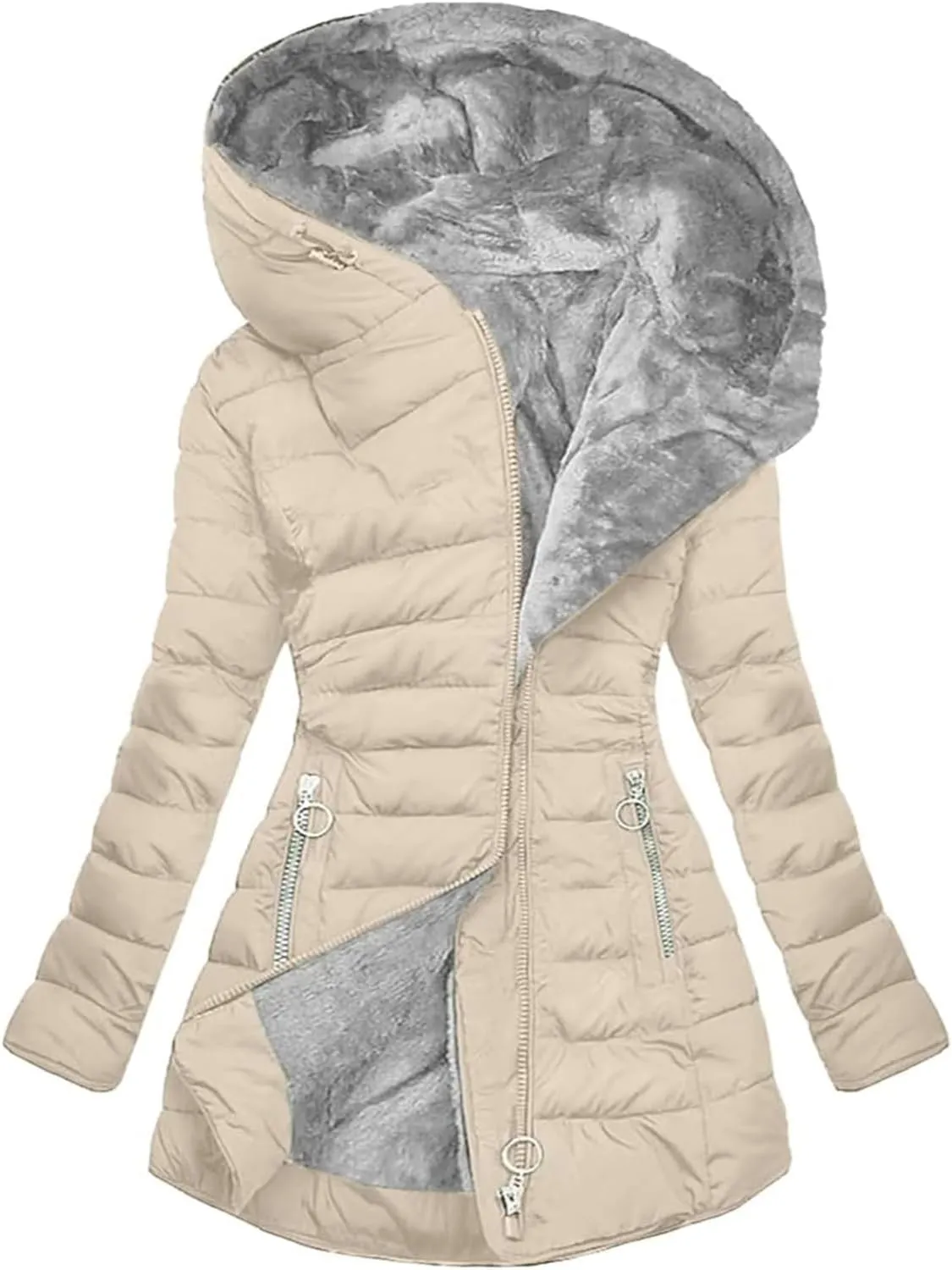 Women's Long Warm Thickened Winter Coat Offer Sherpa Lined Down Jacket Winter Cotton Padded Jacket Waterproof Fleece Coats Outdoor Women's Jacket(Apricot,4X-Large)