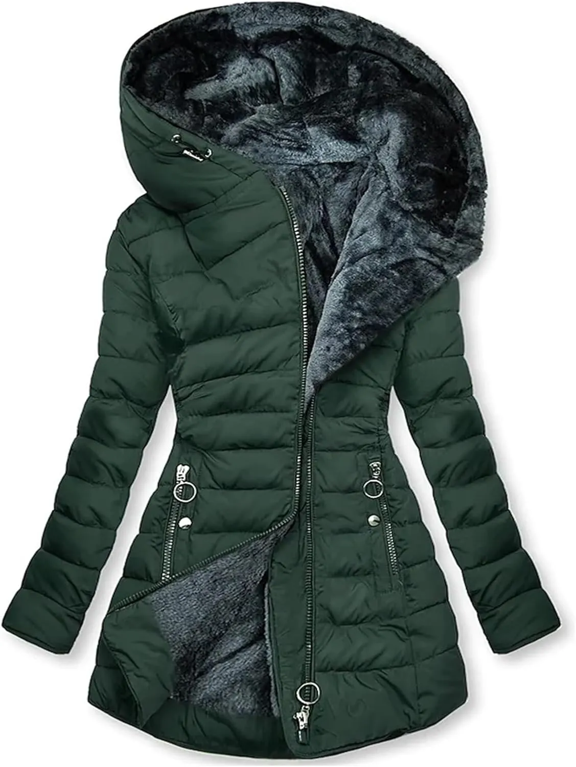Women's Long Warm Thickened Winter Coat Offer Sherpa Lined Down Jacket Winter Cotton Padded Jacket Waterproof Fleece Coats Outdoor Women's Jacket(Green,XX-Large)