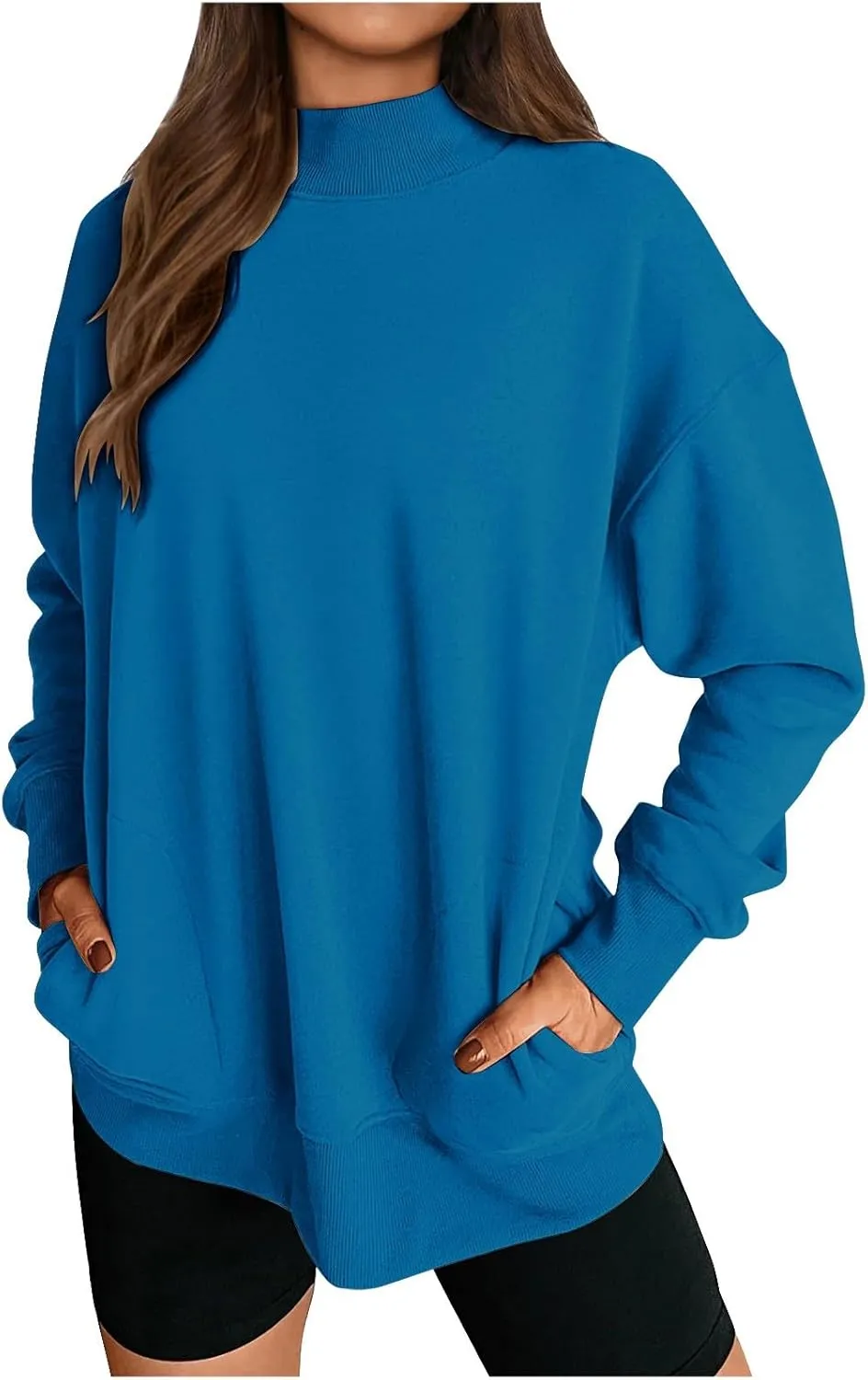 Womens Mock Neck Oversized Sweatshirts with Pockets Fleece Tops Pullover No Hood Sweater for Cold Freezing Weather