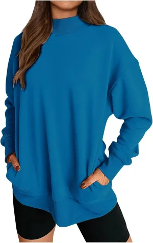 Womens Mock Neck Oversized Sweatshirts with Pockets Fleece Tops Pullover No Hood Sweater for Cold Freezing Weather