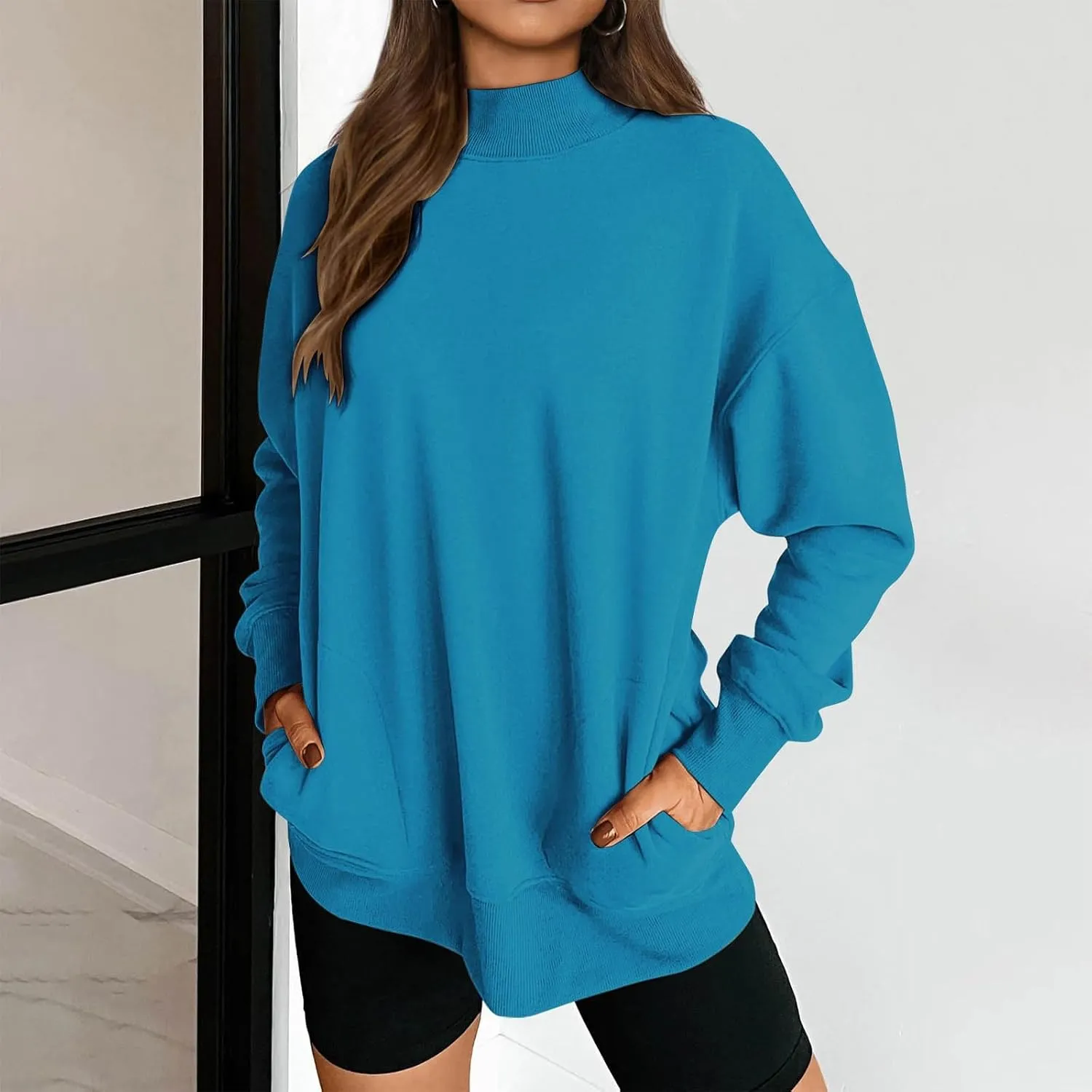 Womens Mock Neck Oversized Sweatshirts with Pockets Fleece Tops Pullover No Hood Sweater for Cold Freezing Weather