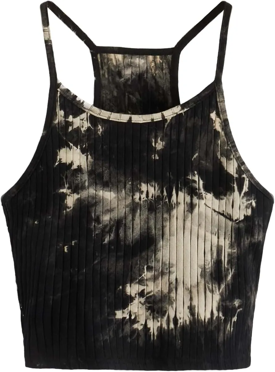 Women's Ribbed Knit Tie Dye Camisole Top Sleeveless Slim Fit Crop Tops Y2K Cami Streetwear Women Shirts