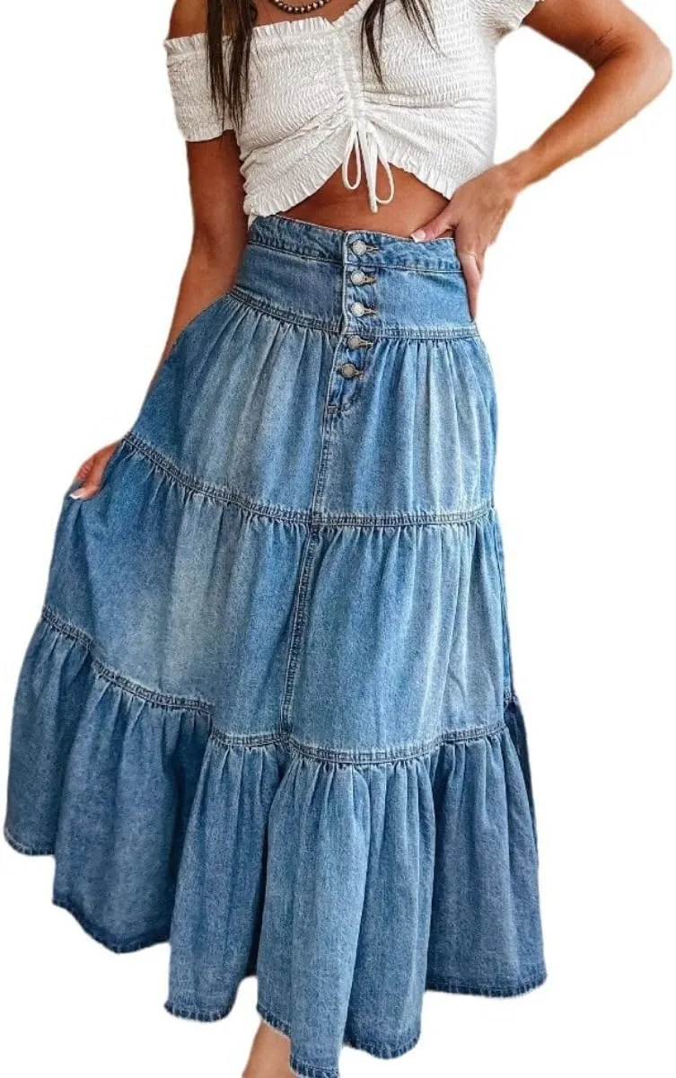 Women's Ruffle Flowy A-Line Denim Skirt Button-Fly Tiered Maxi Skirt High Waist Pleated Denim Maxi Skirt