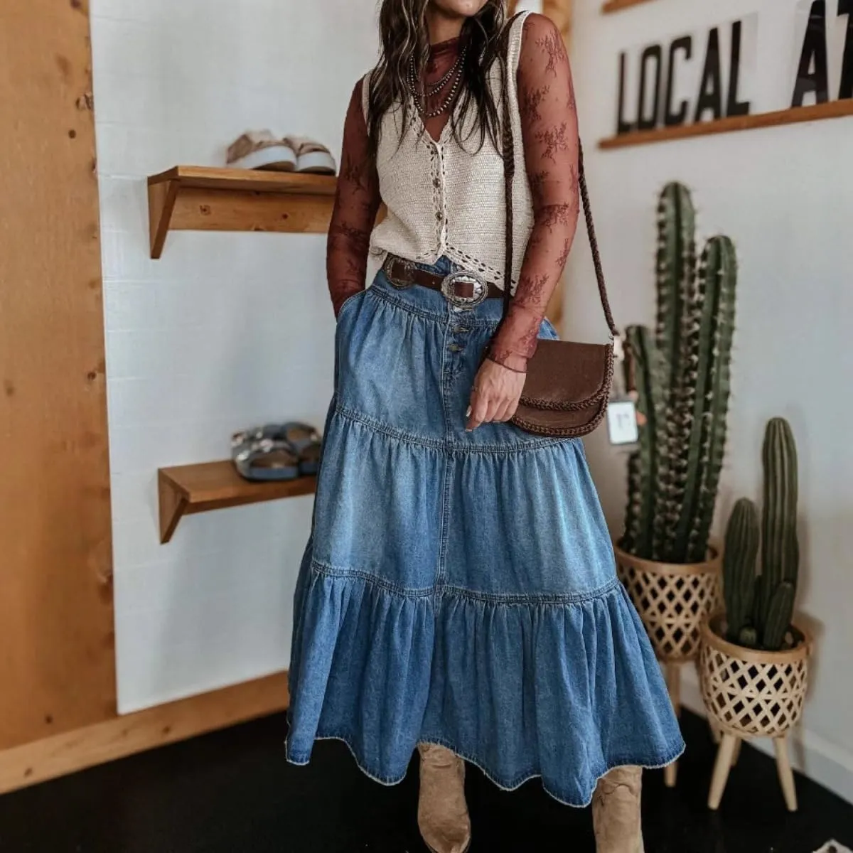 Women's Ruffle Flowy A-Line Denim Skirt Button-Fly Tiered Maxi Skirt High Waist Pleated Denim Maxi Skirt