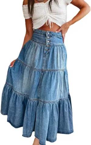 Women's Ruffle Flowy A-Line Denim Skirt Button-Fly Tiered Maxi Skirt High Waist Pleated Denim Maxi Skirt