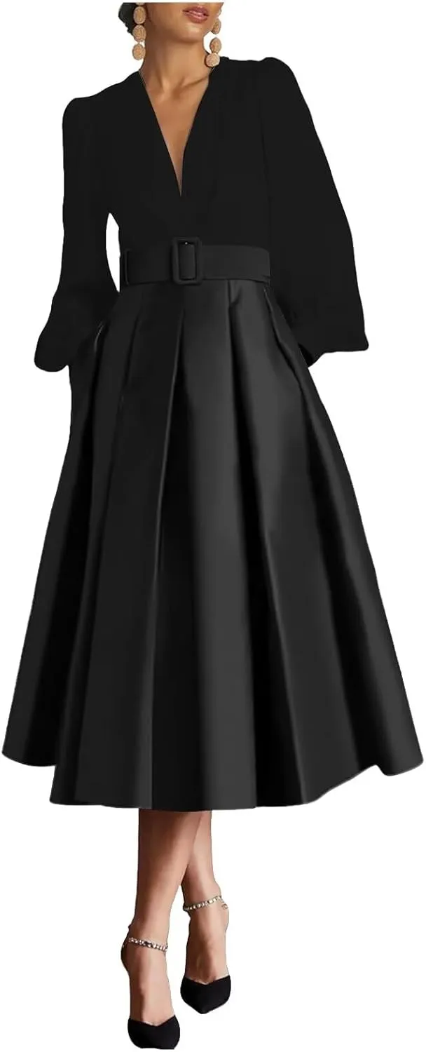 Women's Satin Tea Length Prom Dress with Pocktes Long Sleeves Evening Gown Elegant A Line Wedding Guest Dresses